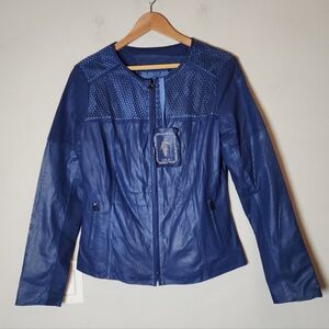 NWT My Tribe 100% Genuine Leather Blue Perforated Zip Jacket Size Large